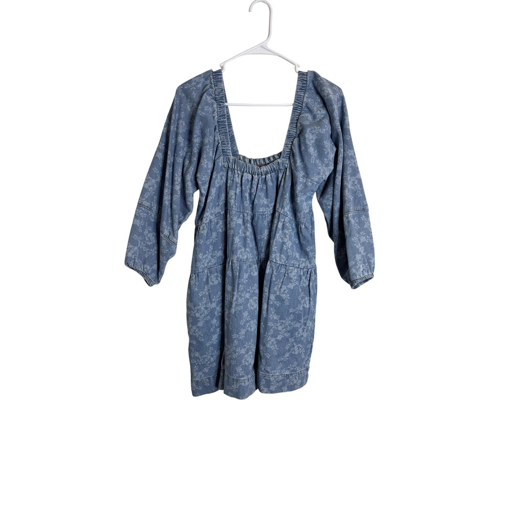 Free People Dress Womens XS Blue Floral Denim Square Neck Long Sleeve Boho Mini